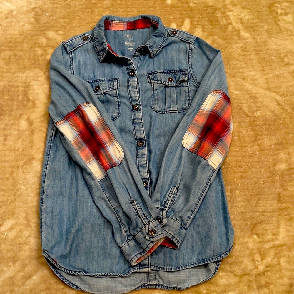 Gap Girls Denim Shirt with Red Plaid Elbow Patches